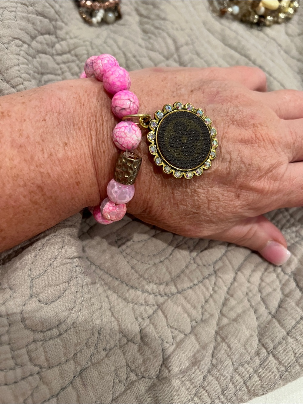 Up Cycled LV Pink Beaded Stretch Bracelet with Gold Accent and Charm